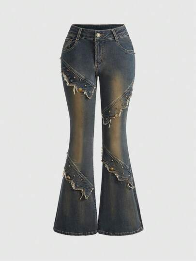 Hippie Jeans évasés sexy à taille très basse avec décoration de rivets, style rétro Y2K pour femmes