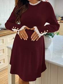 SHEIN Maternity Lace Patchwork A-Line Knit Long Sleeve Sweater Dress, Casual Daily Wear