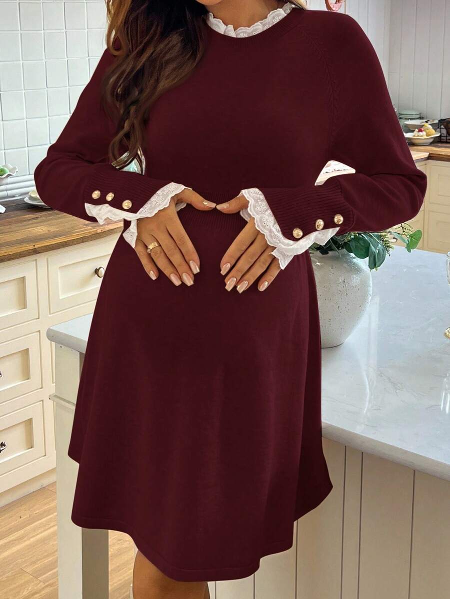 SHEIN Maternity Lace Patchwork A-Line Knit Long Sleeve Sweater Dress, Casual Daily Wear