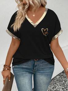 EMERY ROSE Plus Size V-Neck Short Sleeve T-Shirt With Gold Trim, Black Fabric, And Front Gold Heart Print - Black - View 7