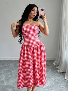 INAWLY Robe évasée sans bretelles à taille cintrée à carreaux rouges pour femmes - Rouge - Voir 3