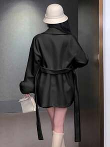 DAZY Women's Black Fuzzy Patchwork Drawstring Waist Jacket, Suitable For Autumn, Winter, New Year, Christmas, Valentine's Day Women Coats - Black - View 3