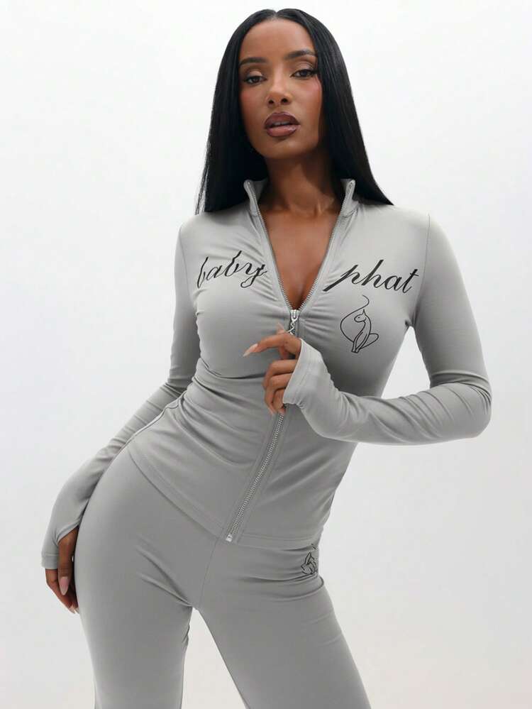 BABYPHAT Long Sleeve Zip Up Top With Script Print And Ribbed Texture For Casual Everyday Wear