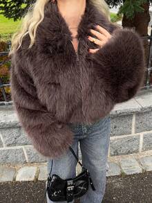 Jeta Ari Casual Zipper Fluffy Collar Jacket - Brown - View 3