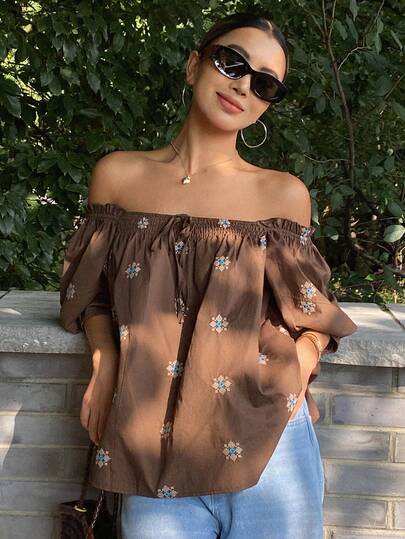 DAZY Women's Summer Floral Embroidery Off Shoulder Bubble Short Sleeve Casual Vacation Blouse