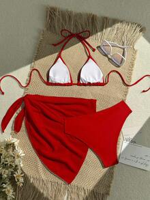 Swim Vcay 3 件套女士假日纯色性感吊带比基尼泳装套装，泳衣套装，适合夏季海滩度假 - 紅色 - 查看 2