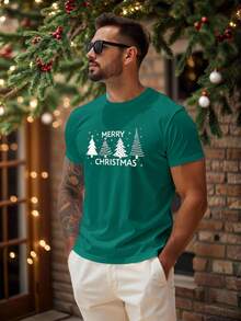 Manfinity Homme 男士圣诞标语印花圆领短袖休闲宽松百搭T恤 - 綠色 - 查看 6