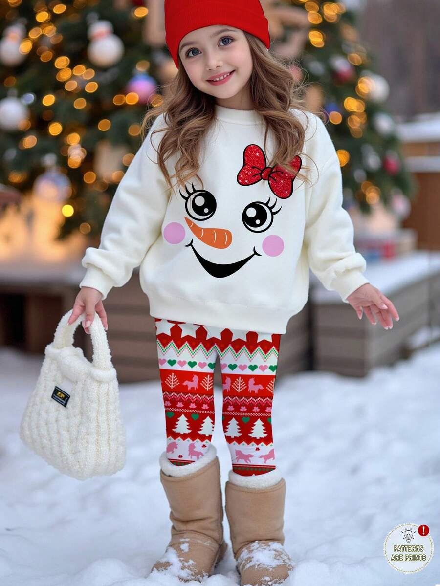SHEIN 2 件套年轻女孩休闲圣诞可爱搞笑卡通雪人印花圆领长袖运动衫和紧身裤,适合秋冬季 - 彩色 - 查看 1