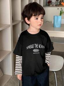 Hapijoa Toddler Boys Loose Casual Striped Patchwork Sleeve 2 In 1 Letter Print T-Shirt, Autumn - Black - View 5