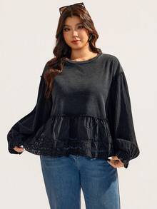 Elaquor Plus Size All-Match Casual Ruffle Patchwork Black T-Shirt, Versatile For All Seasons