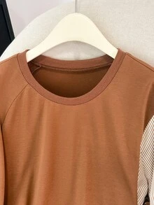 Lacomfia 秋冬休闲圆领拼接系带腰带罗纹拼接加大码女式卫衣 - 彩色 - 查看 3