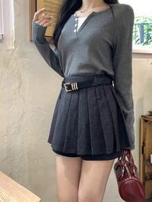 DAZY 女士纯色褶皱韩版短裙，秋冬低腰款 - 灰色 - 查看 5