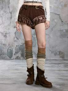 ROMWE EDITION 复古针织提花荷叶边铆钉短裤 - 彩色 - 查看 6