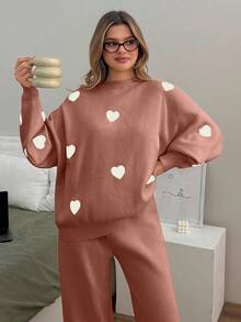 EURMUSE Women Solid Color Hearth Embroidery Round Neck Drop Shoulder Pullover & Sweater Pants Set - Dusty Pink - View 5