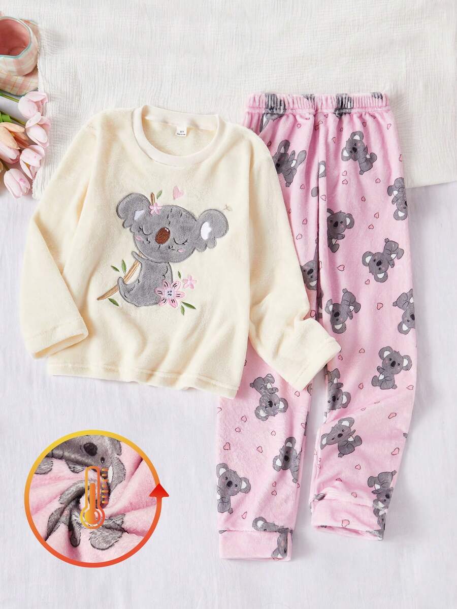 Genkimix Kids 两件套大童毛绒圆领长袖上衣和裤子睡衣套装，可爱考拉图案，粉色裤子搭配米色上衣，时尚家居服，秋冬款 - 米色 - 查看 1
