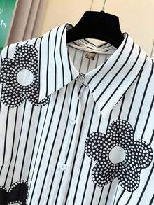 SHEIN LUNE Abito camicia da donna taglie forti con stampa floreale, strisce e strass