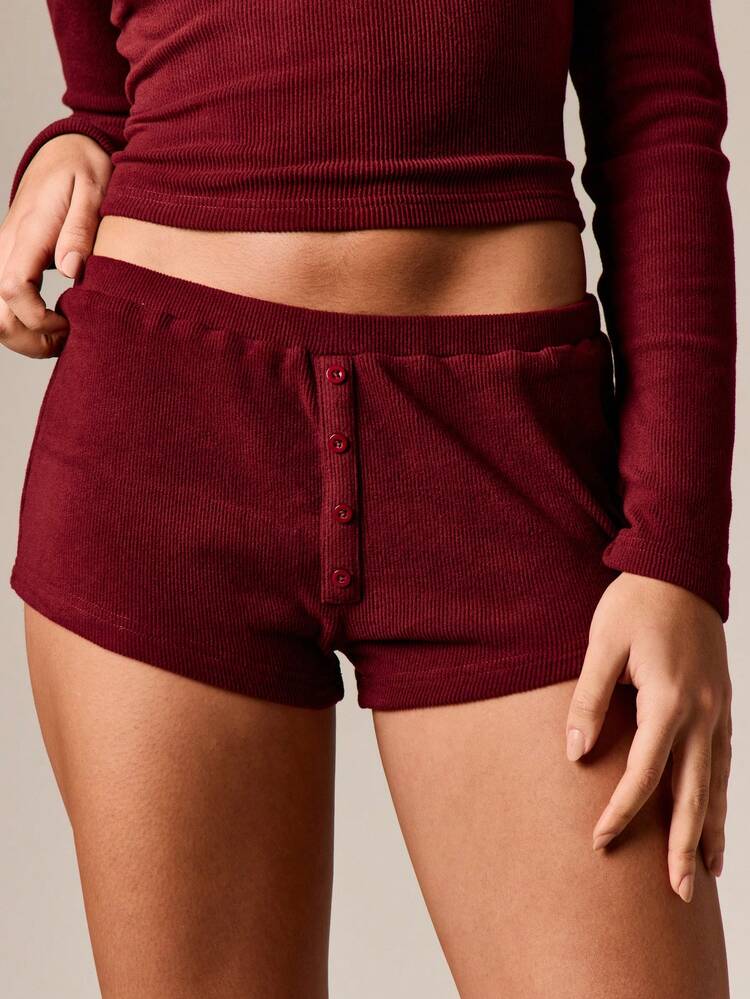 Ribbed Button Front Pajama Set With Shorts