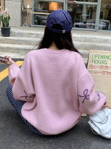 DAZY Women's Loose Fit Crew Neck Bow Decor Casual Pullover Sweater - Mauve Purple - View 3
