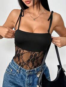 SHEIN Tall 女士高腰撞色蕾丝连体衣，时尚百搭，经典款 - 黑色 - 查看 5
