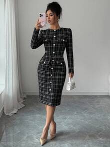 Elenzga Váy dệt kim cổ tròn ôm sát eo đa năng thời trang thu đông dành cho nữ - màu đen - Xem 3