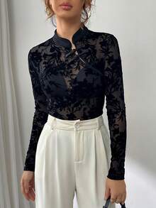 Firerie Women's Floral Mesh Button Design Long Sleeve Vintage Blouse - Black - View 5