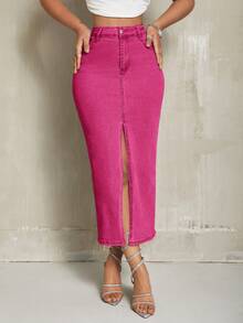 SHEIN SXY 纯色休闲修身开衩女式牛仔裙 - 粉色 - 查看 5