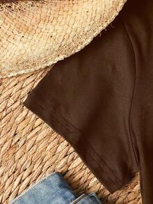 EMERY ROSE Solid Color Minimalist Heart Printed Women T-Shirt Graphic Cheetah Print Tees Women Tops - Coffee Brown - View 3