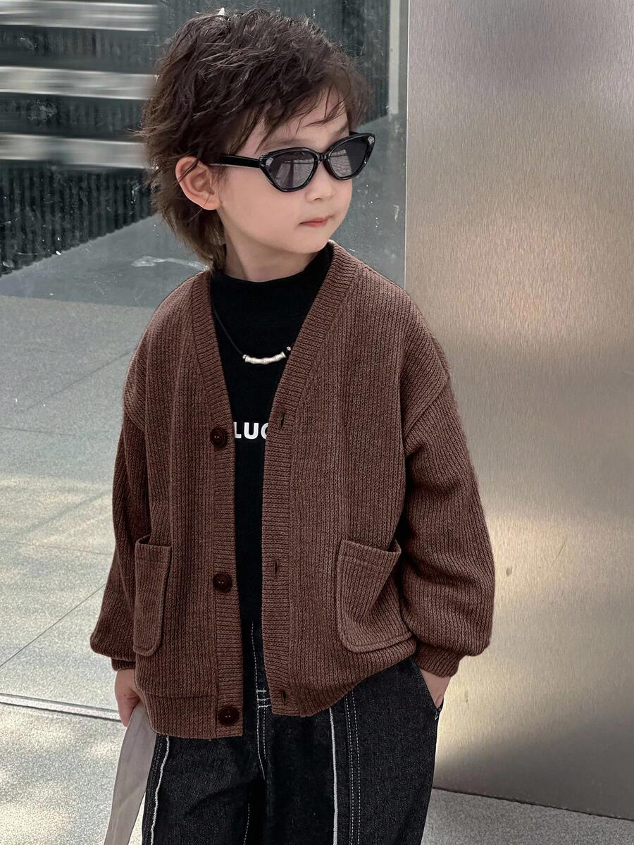 Dazy Kids Toddler Boys' Loose V-Neck Cardigan Jacket, Casual Textured Fabric, Autumn - Coffee Brown - View 1