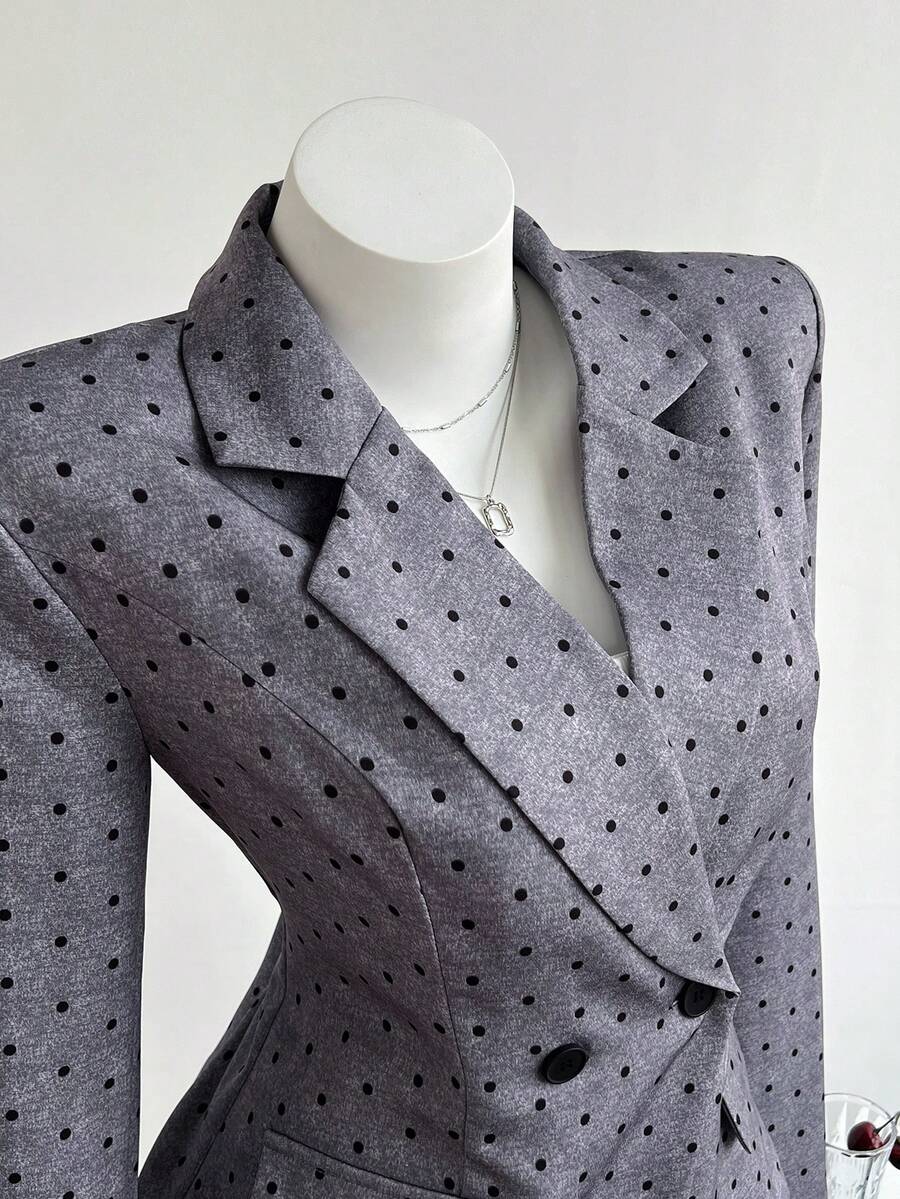 Elamini Women's Fashion Polka Dot Print Double-Breasted Blazer & Skirt Set - Grey - View 1