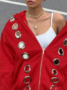 Muchica Fashionable Casual Eyelet Design Loose Open Front Thermal Lined Red Sweatshirt, Autumn/Winter Y2k - Red - View 7