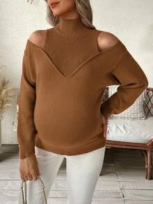 SHEIN Sweater Hamil Lengan Panjang Kerah Tegak Elegan dengan Lubang-lubang - Coklat - View 7