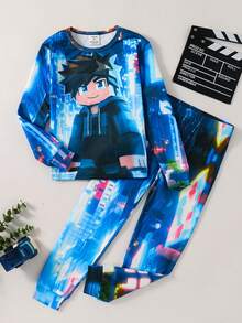SHEIN 2 st Barn/Tween Pojkar Casual Vardag Bekväm Tryckt Mönster Rund Hals Långärmad Pyjamas Set - Topp Och Nederdel - Multifärgad - Visa 4