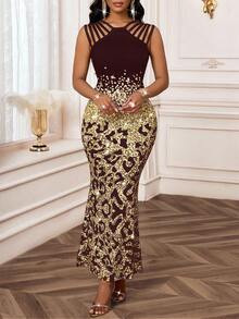 SHEIN Lady Váy đuôi cá khoét lỗ không tay họa tiết da báo cho nữ - màu nâu - Xem 4