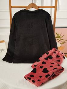 Teen GirlBlack Fluffy Sweatshirt With Eyelash Embroidered Heart Pattern & Thick Comfortable Long Pants Pajama Set - Black - View 2
