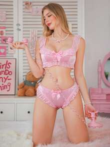 PetitDoll 2件套 3/4 杯缎面花卉蕾丝荷叶边蝴蝶结可爱洛丽塔粉色音乐节派对女士内衣套装 - 粉色 - 查看 3