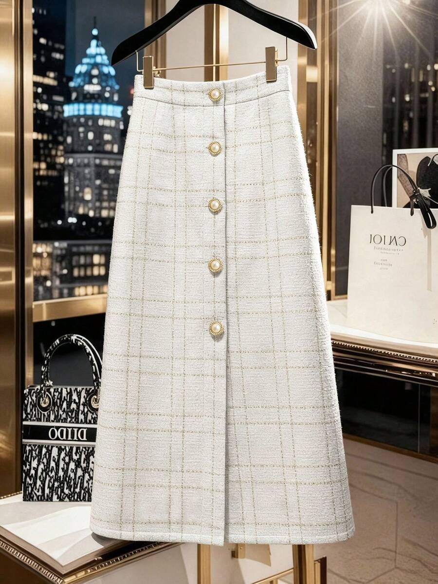 GlowEve CURVE Plus Size Women Wool Blend Button Decor Pencil Skirt - White - View 1