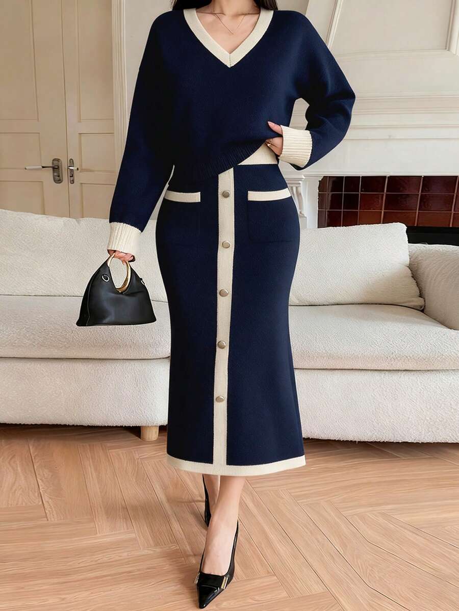 DAZY 女士休闲V领撞色毛衣套装,带口袋和纽扣装饰,搭配直筒半身裙,秋冬款 - 藏蓝色 - 查看 1