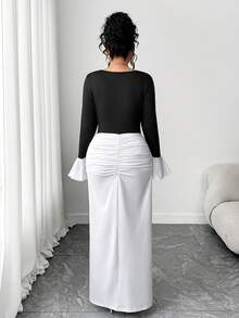 Elenzga 女士优雅不对称领撞色收腰长袖连衣裙，秋冬款 - 黑與白 - 查看 2