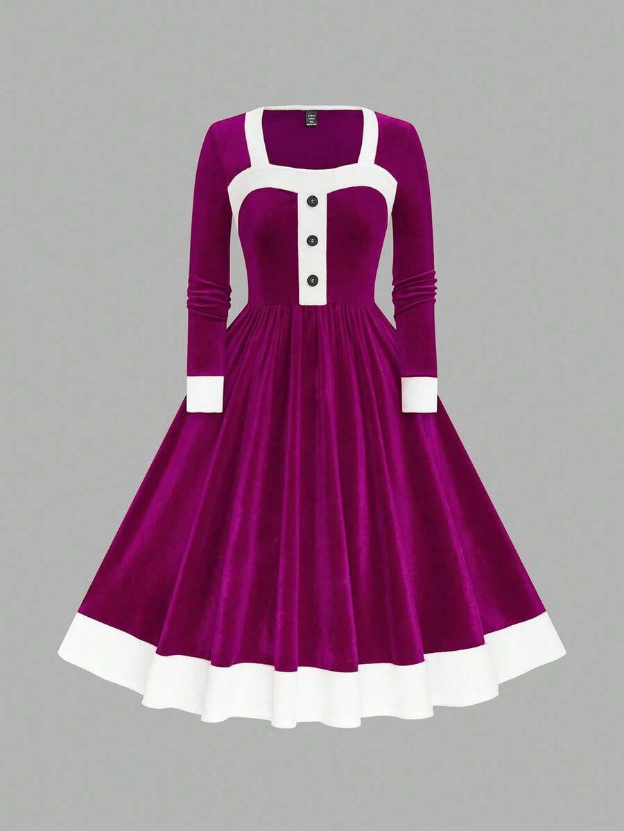 EMERY ROSE Váy nhung dài tay chữ A cỡ lớn cho nữ, thắt eo, thời trang cho tiệc Giáng sinh, lễ kỷ niệm - Màu Hồng Tươi - Xem 1