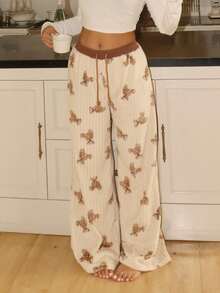 Lowkey Lull Coral Fleece Double-Sided Jacquard Striped Bear Jacquard Plush Lounge Pants, Comfortable Casual Sleepwear Bottoms For Women , Fluffy Cozy Winter - Khaki - View 1