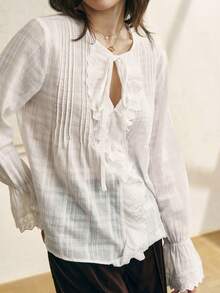 Cévolie 女士复古法式系带喇叭袖衬衫 - 白色 - 查看 4