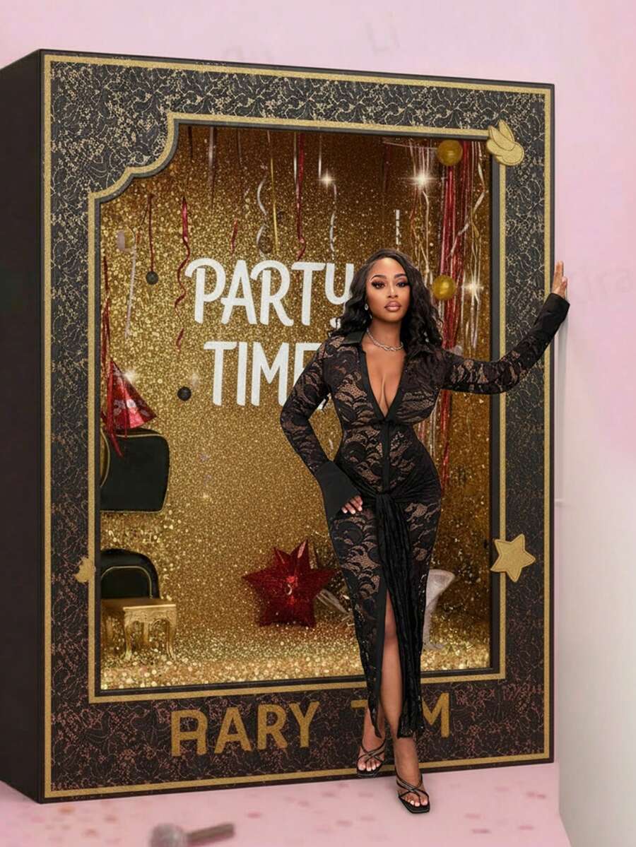 SHEIN BamGlam 女式性感蕾丝透视深V领长袖连衣裙 - 黑色 - 查看 1
