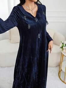 Al Najma 女式纯色水钻装饰优雅长袖阿拉伯风格连衣裙 - 藏蓝色 - 查看 5