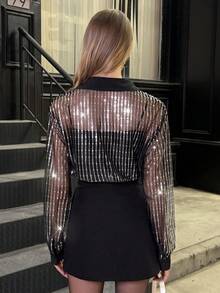 Elyressa Women's Fashionable Commuter Sexy Sheer Sequin Mesh Blouse - Black - View 2