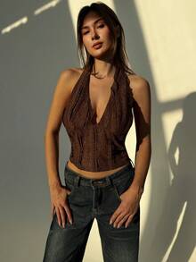 Aloruh Lace-Up Backless Halter Top For Women, Valentine For Women, Valentine For Women - Coffee Brown - View 7