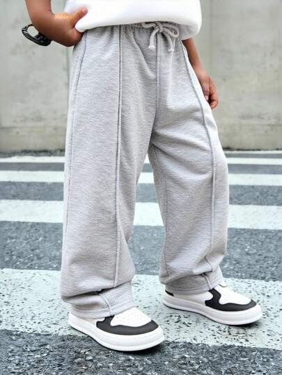 SHEIN 年轻男童休闲宽松松紧腰灰色裤子适合冬季，适合保暖，适合返校，适合日常使用，适合圣诞节，适合生日派对，基本款和百搭款，适合圣诞节，简约而毛绒。