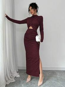 Selianne 女士立领长袖镂空休闲开衩下摆中长连衣裙 - 酒紅色 - 查看 5