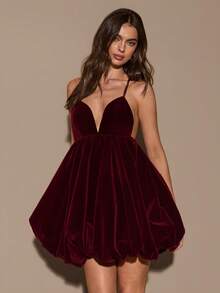 SHEIN BAE 女士秋冬酒红色丝绒吊带深V领荷叶边迷你连衣裙，适合浪漫约会、宴会、优雅外出、派对、婚礼宾客礼服、圣诞派对、节日礼服 - 酒紅色 - 查看 6