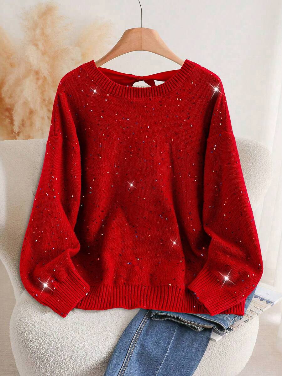 SHEIN Clasi 这款大码女式浪漫优雅派对毛衣，纯红色，后背饰有蝴蝶结，长袖，宽松版型，并点缀闪亮亮片。保暖舒适，适合各种场合。2025新款，冬季女装，复古风，外出，秋季，风衣，冬季女装