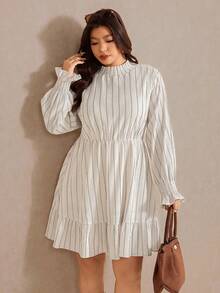 Elaquor Plus Size Casual Minimalist Ruffle Patchwork Solid Color Long Sleeve Dress - Apricot - View 6